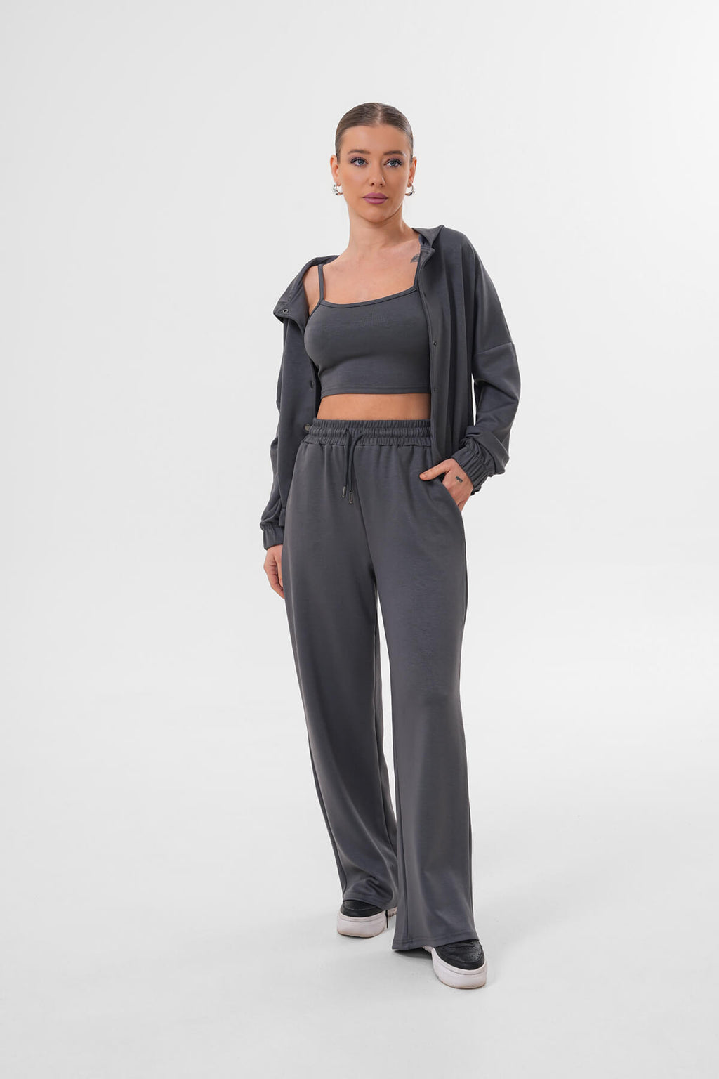 Renk: Füme | Çıtçıtlı Kapüşonlu Ceket Sweat