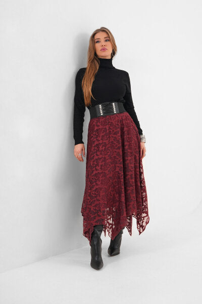 Renk: Bordo | Desenli Yakma Etek