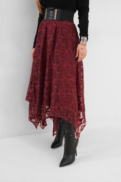 Renk: Bordo | Desenli Yakma Etek