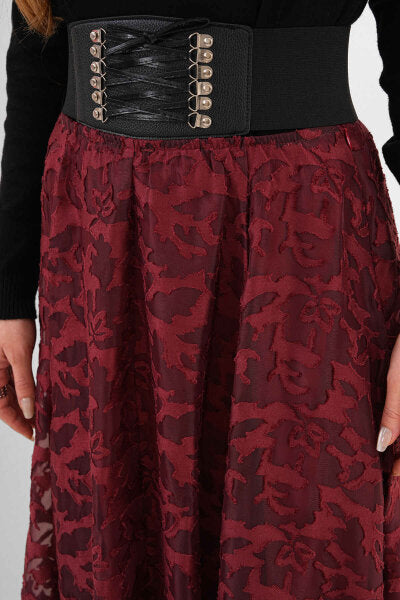 Renk: Bordo | Desenli Yakma Etek