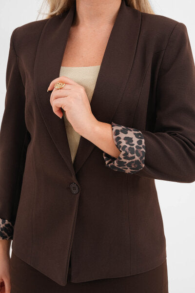 Renk: Kahverengi | Leopar Astarlı Blazer Ceket