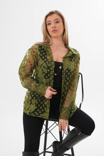 Renk: Yeşil | Transparan Çiçekli Gömlek