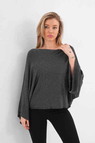 Renk: Füme | Oversize Yarasa Kol İnce Triko Bluz