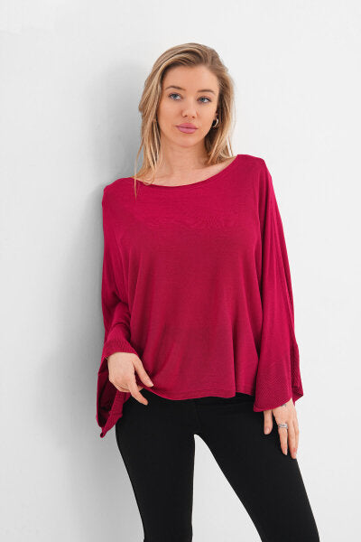 Renk: Bordo | Oversize Yarasa Kol İnce Triko Bluz