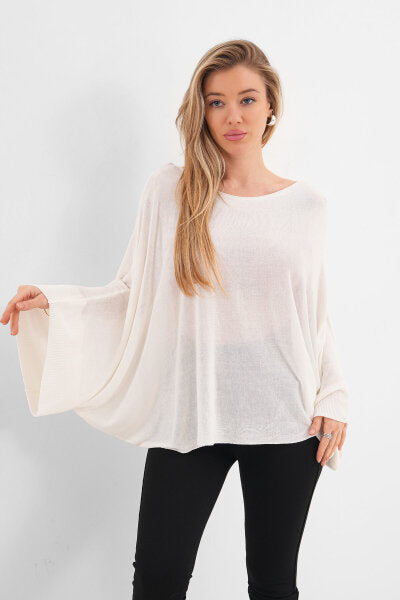 Renk: Taş | Oversize Yarasa Kol İnce Triko Bluz