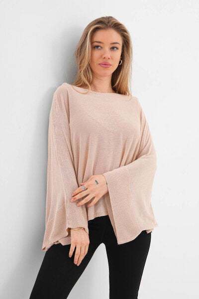 Renk: Krem | Oversize Yarasa Kol İnce Triko Bluz