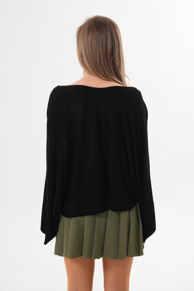 Renk: Siyah | Oversize Yarasa Kol İnce Triko Bluz