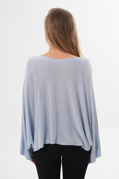 Renk: Bebe Mavisi | Oversize Yarasa Kol İnce Triko Bluz
