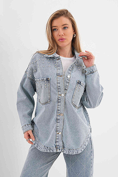 Renk: Mavi | Taş Detaylı Denim Ceket