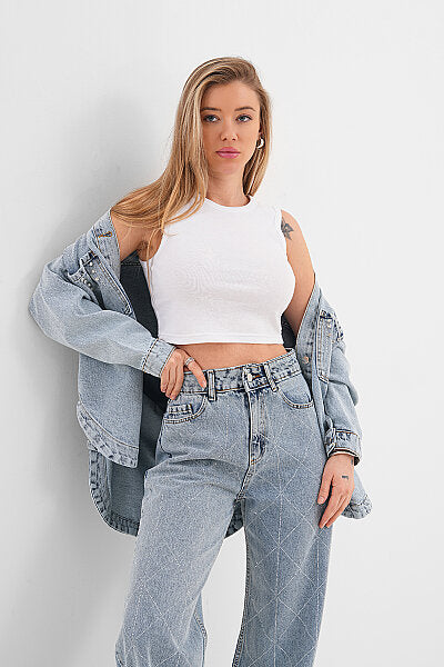 Renk: Mavi | Taş Detaylı Denim Ceket