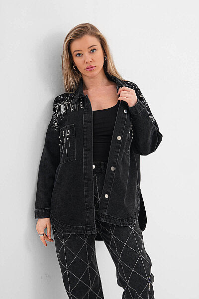 Renk: SİYAH | Taş Detaylı Denim Ceket