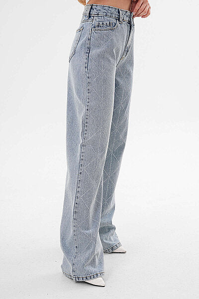 Renk: Mavi | Taş Detaylı Denim Pantolon