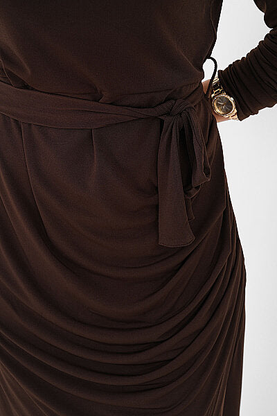 Renk: Kahverengi | Drape Detaylı Midi Elbise
