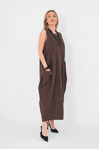 Renk: Kahverengi | Oversize Cepli Midi Elbise
