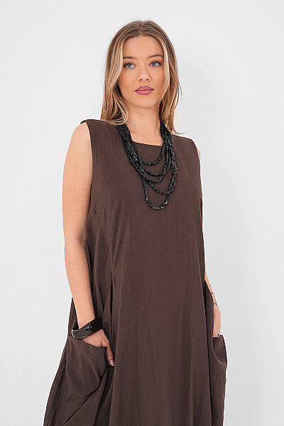 Renk: Kahverengi | Oversize Cepli Midi Elbise