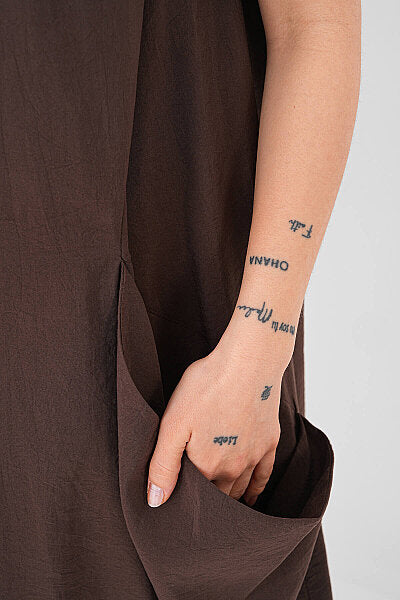 Renk: Kahverengi | Oversize Cepli Midi Elbise