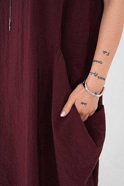 Renk: Bordo | Oversize Cepli Midi Elbise