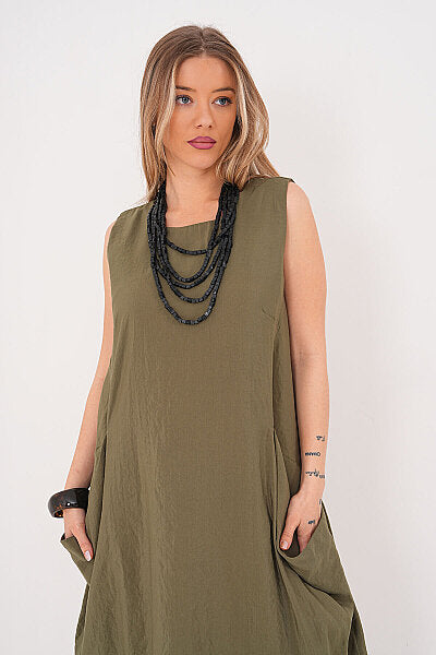 Renk: Haki | Oversize Cepli Midi Elbise