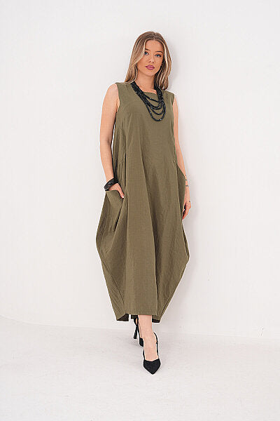 Renk: Haki | Oversize Cepli Midi Elbise