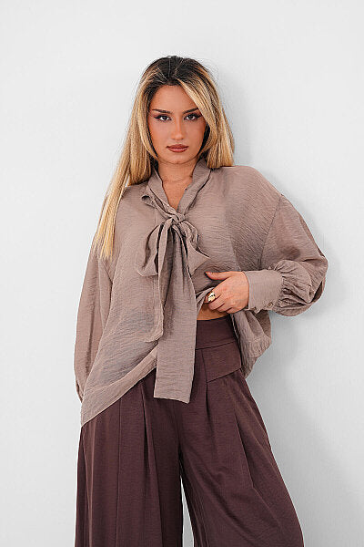 Renk: Beyaz | Yaka Bağlamalı Oversize Bluz