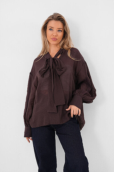 Renk: Kahverengi | Yaka Bağlamalı Oversize Bluz
