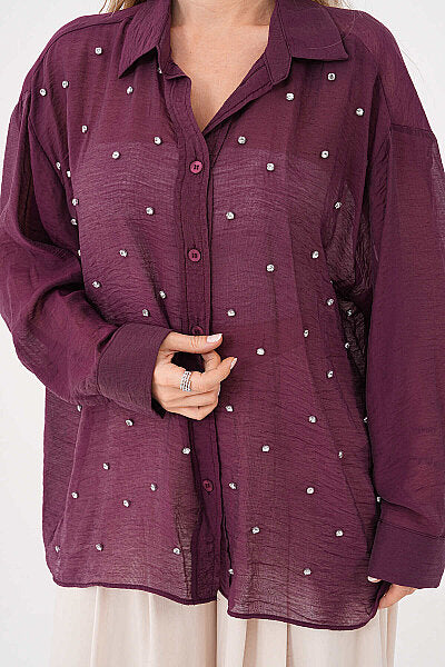 Renk: Mürdüm | Taşlı Oversize Gömlek