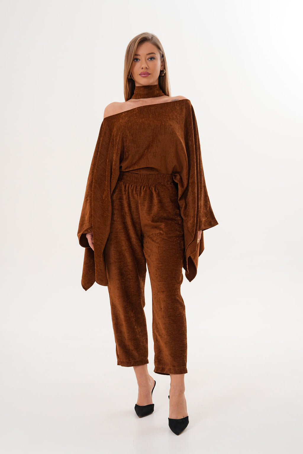 Renk: Camel | Lastikli Bel Konik Paça Şönil Pantolon
