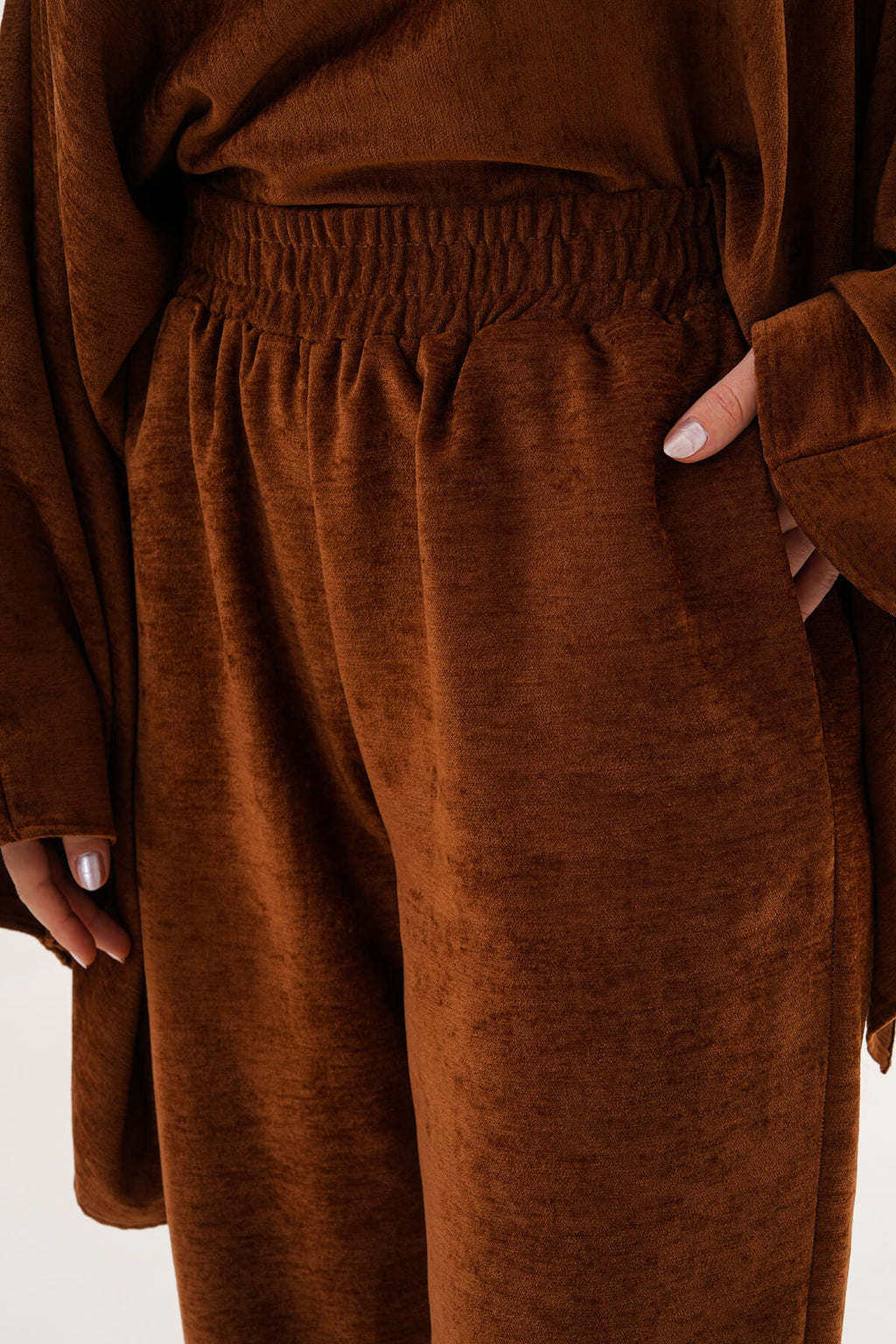 Renk: Camel | Lastikli Bel Konik Paça Şönil Pantolon
