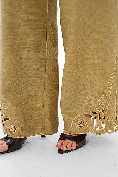 Renk: Olive | Nakış Detaylı Keten Pantolon