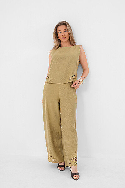 Renk: Olive | Nakış Detaylı Keten Pantolon