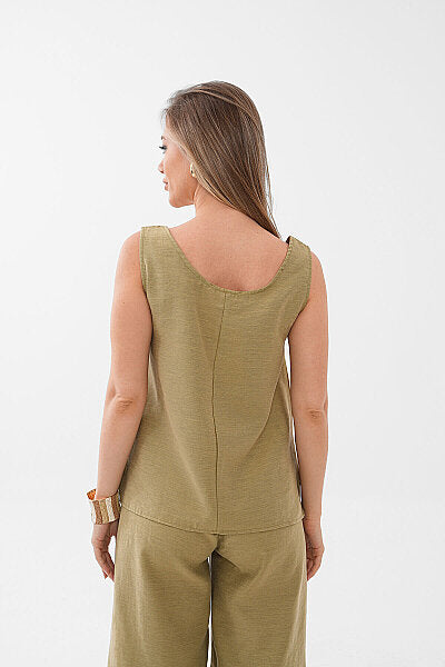 Renk: Olive | Nakış Detaylı Keten Bluz