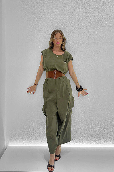 Renk: Haki | Oversize Kolsuz Tulum