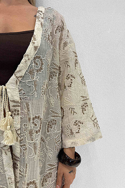 Renk: Kahverengi | Nakış Detaylı Kimono