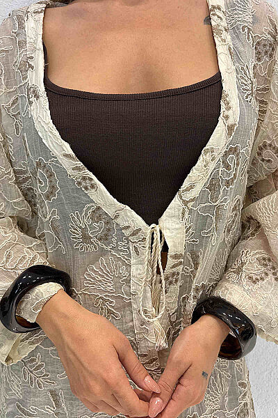 Renk: Kahverengi | Nakış Detaylı Kimono
