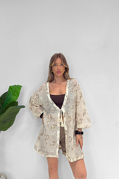 Renk: Kahverengi | Nakış Detaylı Kimono