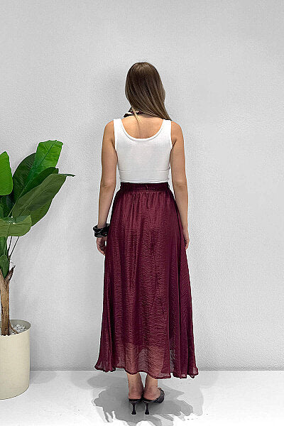Renk: Bordo | Leopar Kemer Detaylı Midi Etek