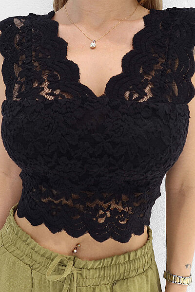 Renk: Siyah | Dantelli V Yaka Crop Top
