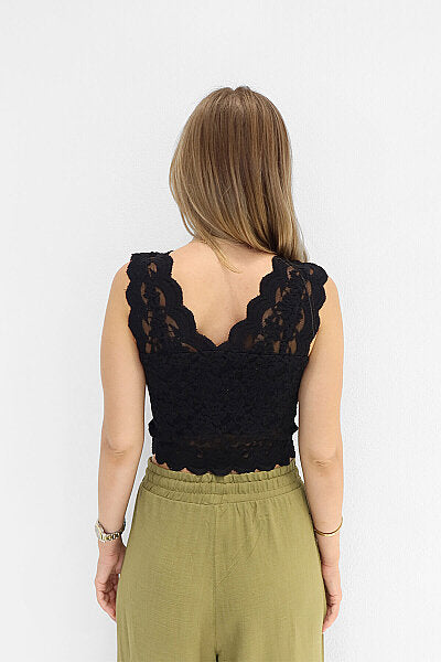 Renk: Siyah | Dantelli V Yaka Crop Top