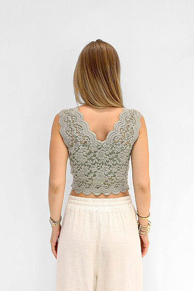 Renk: Yeşil | Dantelli V Yaka Crop Top