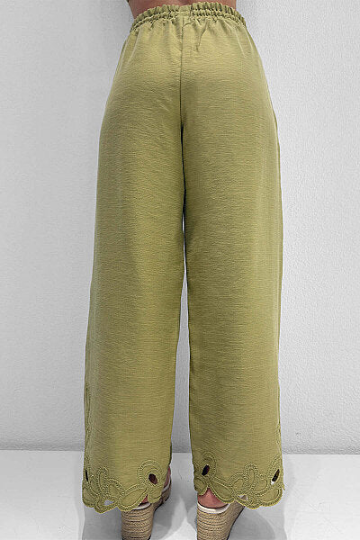 Renk: Olive | Paça Nakışlı Pantolon
