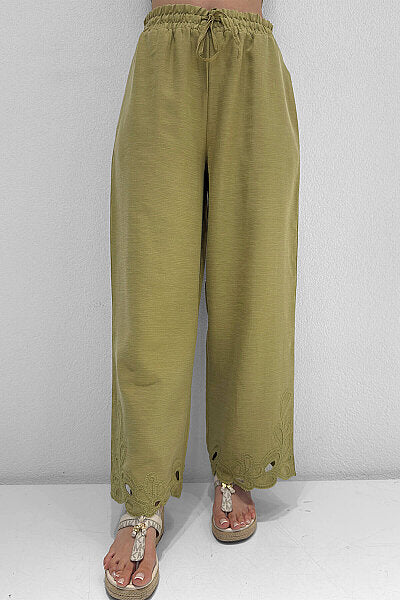 Renk: Olive | Paça Nakışlı Pantolon