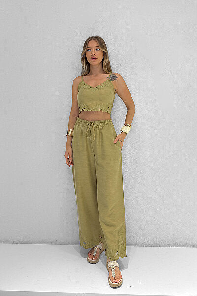 Renk: Olive | Paça Nakışlı Pantolon