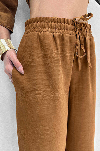 Renk: Taba | Nakış Detaylı Keten Pantolon