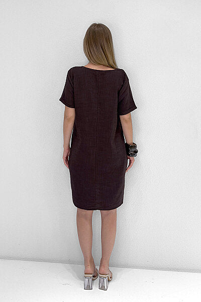 Renk: Kahverengi | V Yaka Cepli Mini Elbise