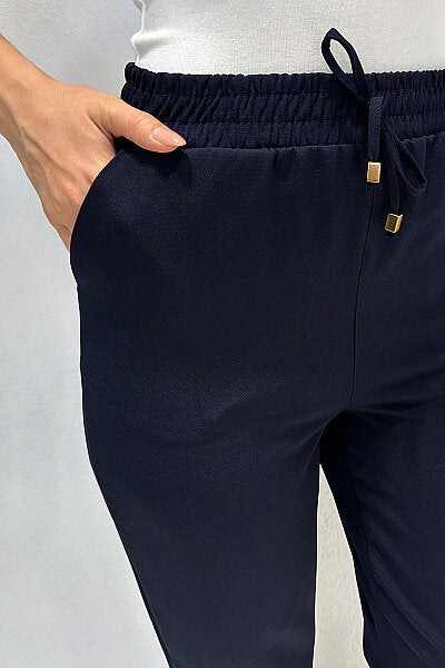 Renk: Lacivert | Bağcıklı Beli Lastikli Pantolon