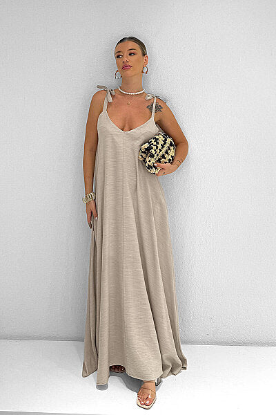 Renk: Taş | M10174 Omuzdan Bağlamalı Maxi Elbise
