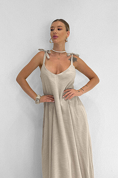 Renk: Taş | M10174 Omuzdan Bağlamalı Maxi Elbise