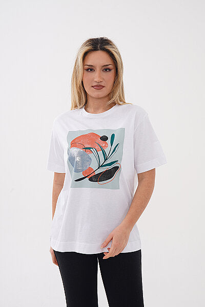 Renk: Beyaz | Pastel Çiçek Baskılı Tshirt