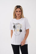 Renk: Beyaz | Line Art Dal Detaylı Çiçek Baskılı Tshirt