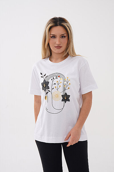 Renk: Beyaz | Line Art Dal Detaylı Çiçek Baskılı Tshirt